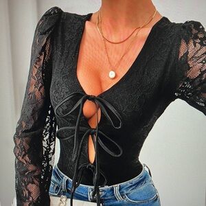 Elegant Black Lace Tie-Front Top